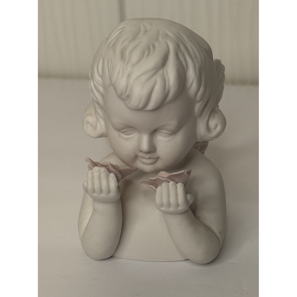 Vintage Bisque Porcelain Cherub Angel Holding Pink Flowers Figurine Statue EUC